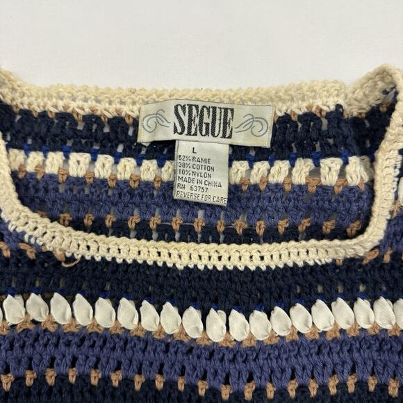 Vintage Segue Womens Sweater Tunic Long Striped Crochet Fisherman Ribbon Blue - Picture 3 of 10